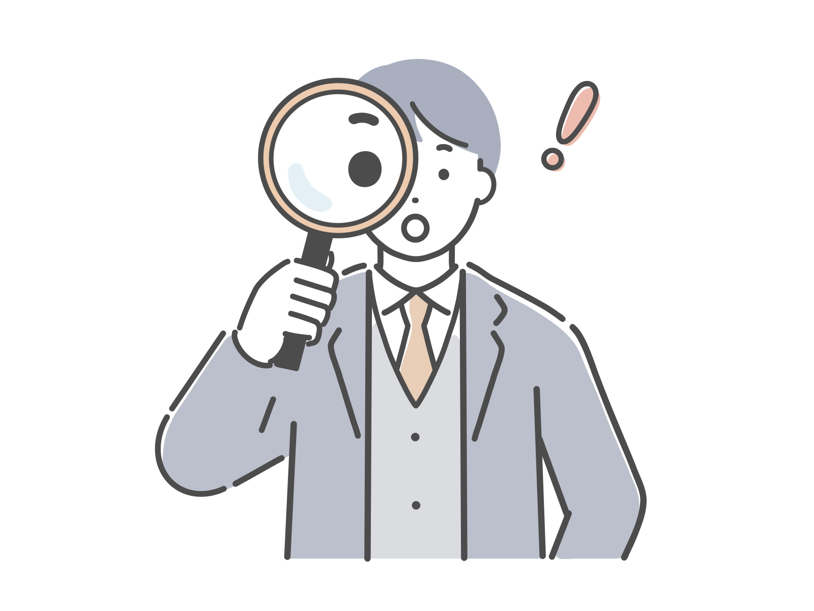 虫眼鏡を持ったスーツを着ている男性のイラスト